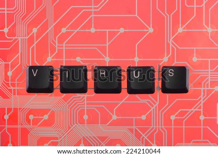Keyboard keys laid out the word virus , on a red background