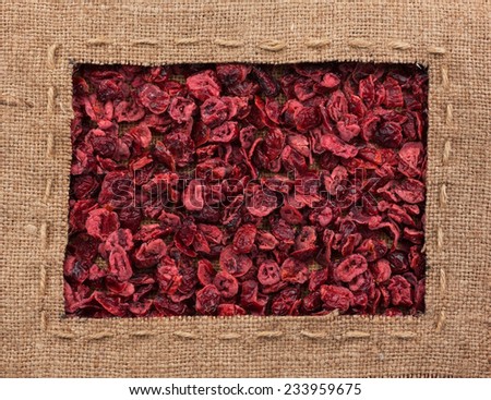 Frame made of burlap with the line lies on dried cranberries, can be used as background