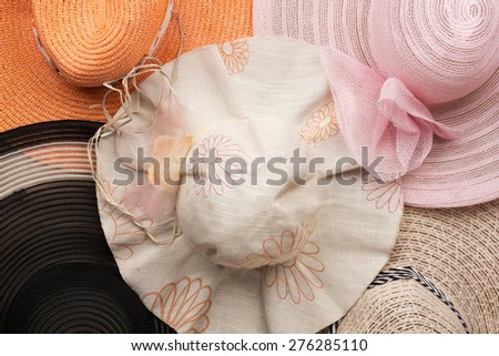 Five of beach hats, fashion, as background, texture