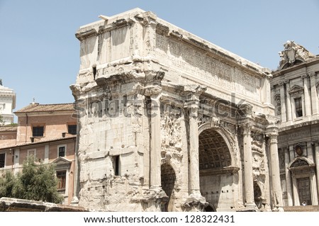 The Arch of Septimius Severus is an ancient triumphal arch in Rome is located at one end of the Roman Forum, at the foot of Capitol Hill.