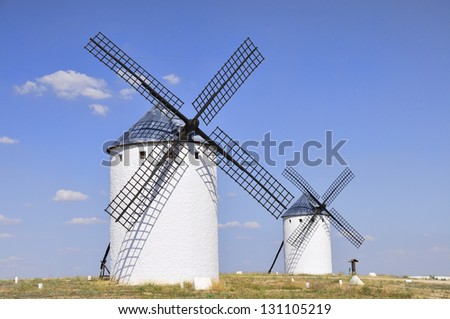 Two windmills located in Castilla la Mancha in Spain