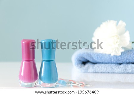 In the foreground there are two nail polishes (one pink and one blue) with manicure tools. In the background out of focus, a blue towel and a white carnation.