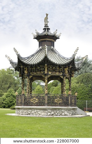 One of the buildings that form the Chinese pavilion, it is decorated with chinese motifs and it is located in the Laeken park Brussels Belgium