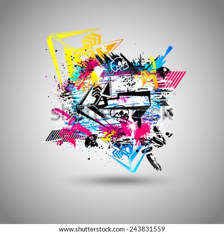 Abstract colored vector background with grunge, graffiti design with arrow and skull, modern 3d element with splash