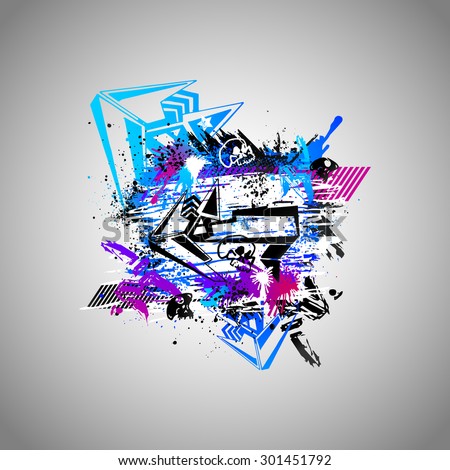 Abstract colored vector background with grunge, graffiti design with arrow and skull, modern 3d element with splash