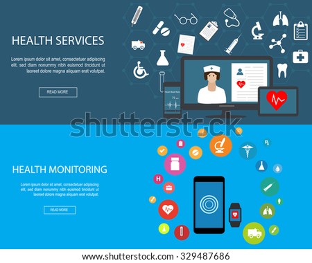 Flat designed banners for Health Services and Health Monitoring