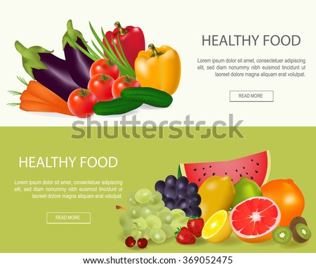 Healthy food  banners set.Fresh fruit and vegetable.Vector illustration with vegetable and fruit