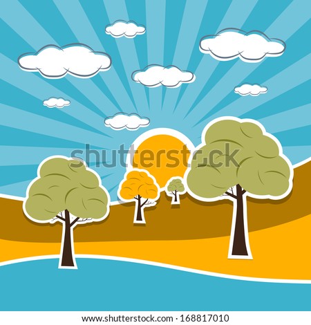 Blue, Orange Nature Scenery Retro Illustration with Clouds, Sun, Sky, Trees and River