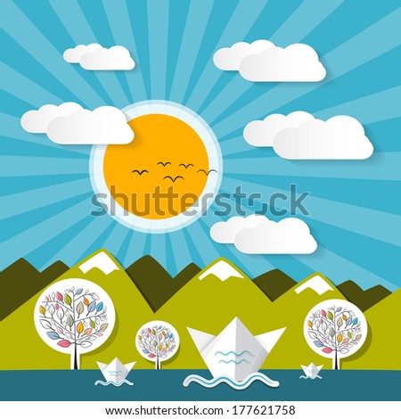 Vector Landscape Nature Paper Mountains and River Illustration