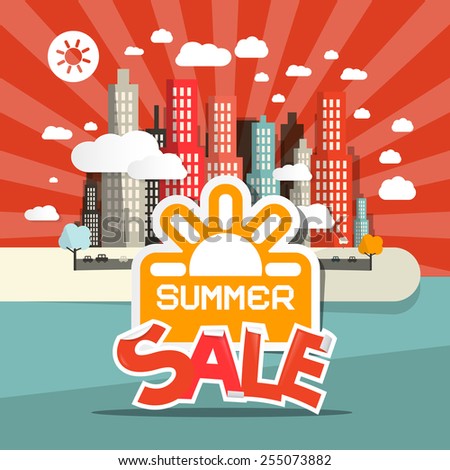 Retro Summer Sale Illustration of Abstract Town - City with Skyscrapers in Flat Design Style