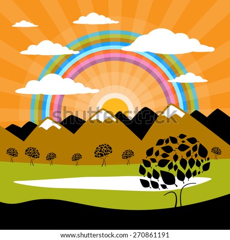 Vector Nature Background with Mountains and Sun with Trees, Clouds and Lake