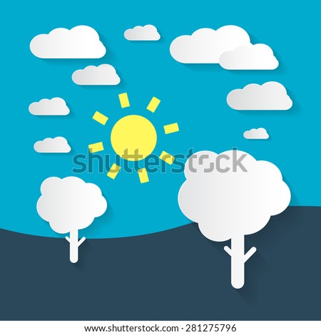 Flat Design Nature - Landscape Illustration with Paper Trees, Clouds and Sun