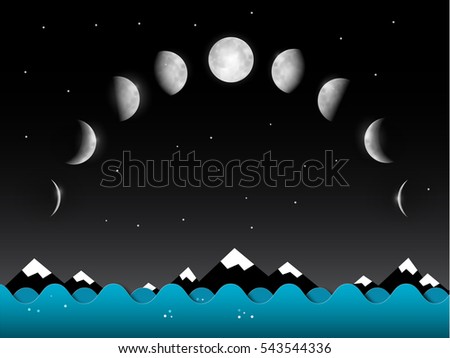 Abstract Vector Night Landscape with Moon Phases above Mountains and Ocean