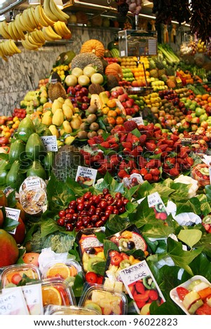 La Boqueria, fruits. World famous Barcelona market, Spain. Selective focus.