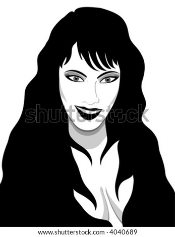 Vector Beautiful Woman Smiling With Flowing Long Hair. Created In Black