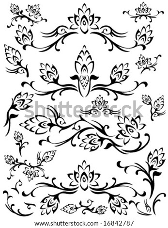 background designs black. Various swirling flower foliage designs. Black on a white ackground.