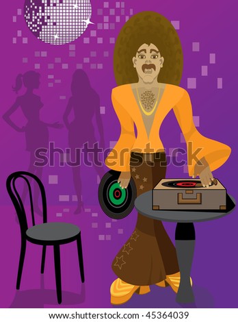 stock photo : DJ with Afro hairstyle playing vinyl LP records.