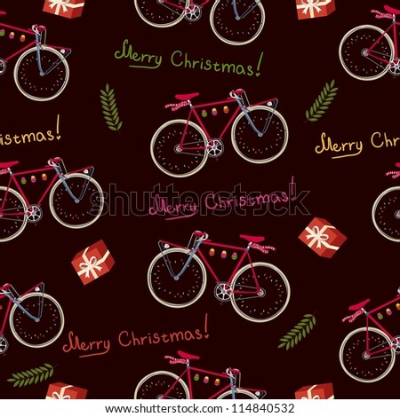 Seamless pattern with christmas bike and gift box