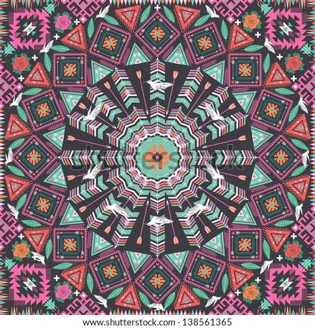 Ornamental round aztec geometric pattern circle background with many colorful elements with roses and birds Ornamental round aztec geometric pattern circle background with many colorful elements with roses and birds