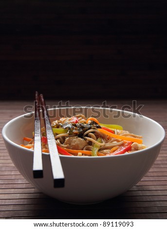 Buckwheat noodles with chicken and vegetables in Japanese style