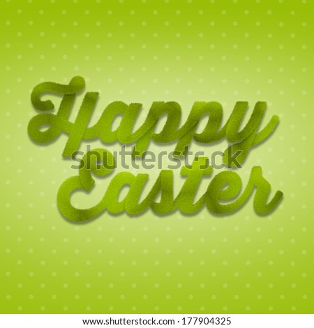 3D inscription Happy Easter, beautiful fresh supplement, spring greeting, font created from grass, eco natural typography, written headline, cheerful and funny addition Easter wishes