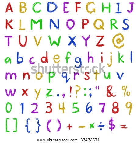 stock photo : Alphabet Set with Numerals and Punctuations - Kids Crayon