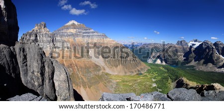 View of Mount Pinnacle, Temple Mountain, Paradise Valley, and Moraine Lake from Mount Eiffel Summit Lake Louise, Banff National Park, Alberta, Canada