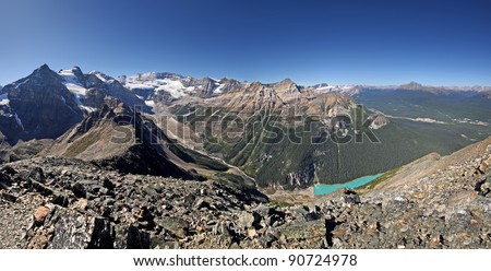 View (left to right), Mount Victoria, Mount Whyte, Mount Niblock, Mount St. Piran and Lake Louise. Banff National Park, Lake Louise, Alberta, Canada