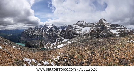 Mount St. Piran Summit, Lake Louise, Banff National Park, Alberta, Canada In this view (left-right), Lake Louise, Mount Fairview, Mount Temple, Mount Lefroy, Mount Whyte, Mount Niblock.