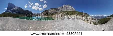 360, (l-r) Ha Ling Peak, Reservoir of water that transports water to Canmore, East Rundle Mountain, Valley that leads back to the Rock Wall and Grassi Lakes, then to the Parking Lot. Alberta, Canada.