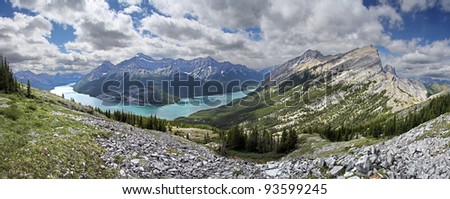 Looking at Spray Lake from the South West facing slope of Windtower, Near Canmore, Alberta, Canada. Mount Rimwall on right side.
