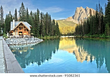 Emerald Lake and Tea House, Near Field, British Columbia, Yoho National Park, Canada Mount Burgess can be seen reflected into the water.