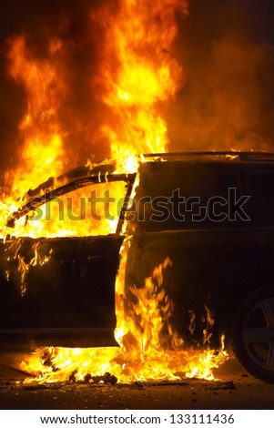Close-up of a burning car