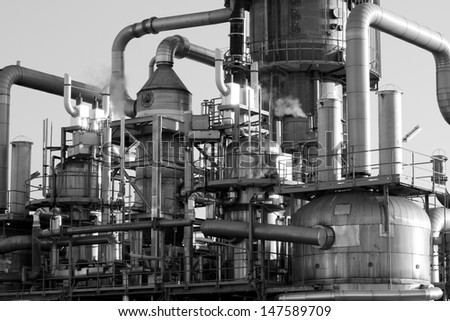 Close-up of the pipes and tubes of an oil-refinery plant