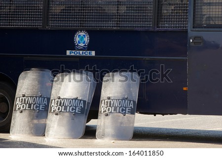 Shields of the Greek riot police during demonstration near Parliament building, Athens