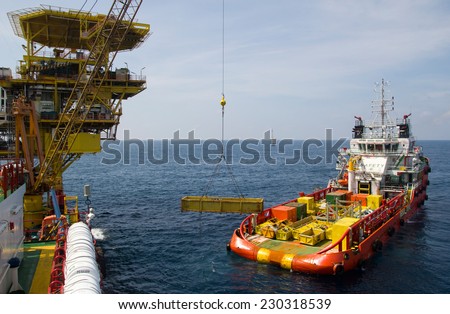 Cargo being loaded from a offshore platform onto a supply vessel