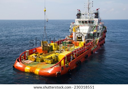 Cargo being loaded from a offshore platform onto a supply vessel