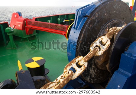 Close-up of an anchor winch on deck of an offshore supply vessel