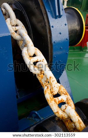 Close-up of an anchor winch on deck of an offshore supply vessel