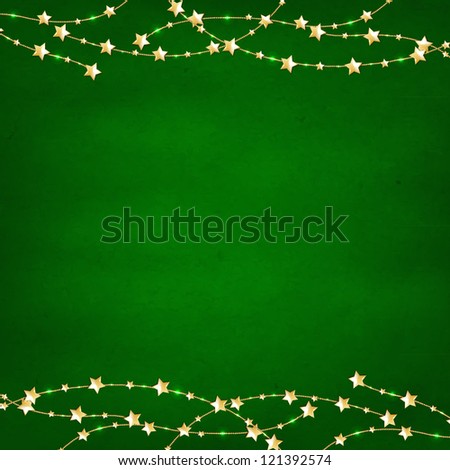 Xmas Green Retro Background With Gold Stars Garland, Isolated On White Background