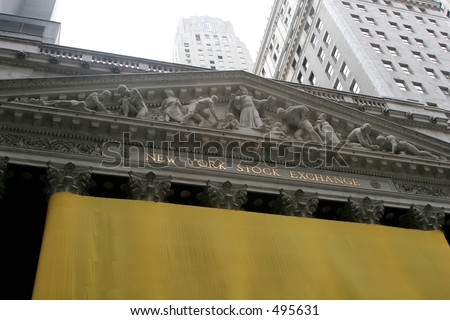 New York Stock Exchange Building with   empty fabric wrapped around columns
