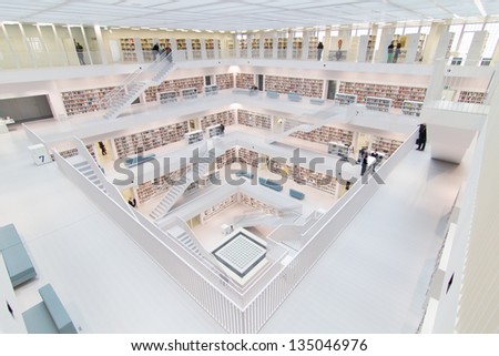 STUTTGART, GERMANY - MAR 23, 2013: Interior of new public library in  Stuttgart.  The library, opened in October 2011 and designed by Yi Architects, had  2.691.892 visitors  in 2012. March 23, 2013. Stuttgart