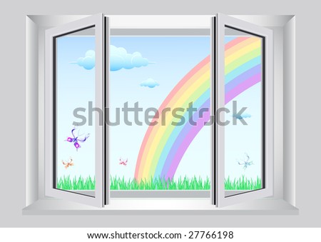 Figure of a rainbow through an open window