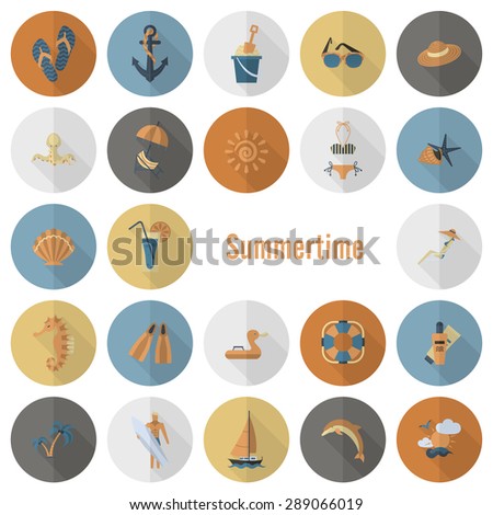 Summer and Beach Simple Flat Icons, Travel and Vacation. Vector