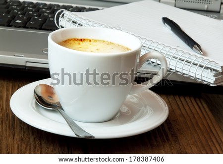 Cup of Cappuccino Coffee at Office.Coffee Break
