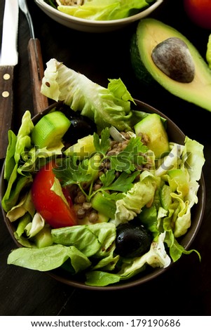 Fresh Salad with Lettuce,Lentils,Olives, Avocado and Parsley, Healthy Green Salad in a Bowl