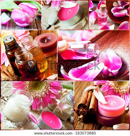 Aromatherapy and Spa Collage with Essential Oil Bottles, Flower,Sea Salt,Candles