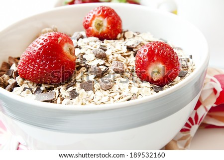 Ripe Strawberries with Muesli in a Bowl, Healthy Breakfast