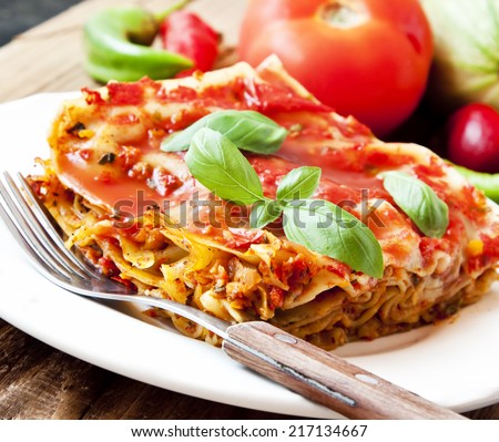 Healthy Vegetarian Lasagna,Fresh Italian Recipe with Basil Leaves