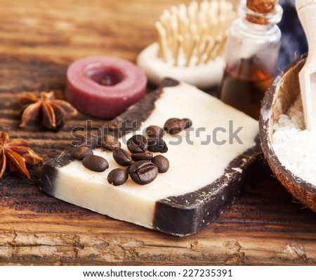 Organic Homemade Coffee Soap on a Cotton Towel with Coffee Beans